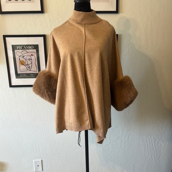 Saks Fifth Avenue Black Label Tan Cowl Neck Sweater with Fur Cuffs - NWOT - Picture 1 of 7
